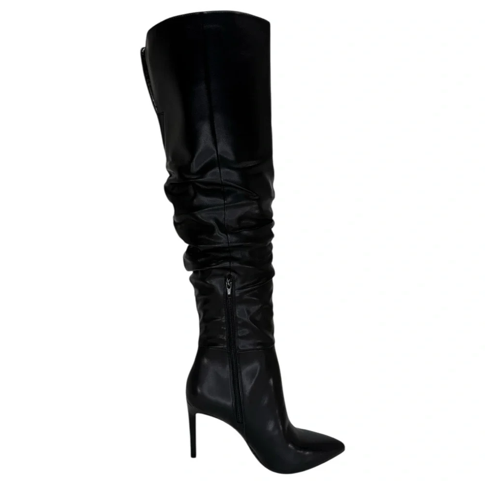 INC Iyonna Black Faux Leather Ruched Shaft OTK Heeled Womens Boots Size 8M